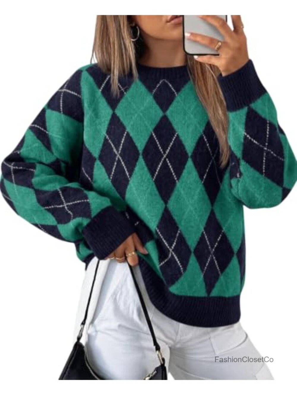 Oversized Argyle Plaid Knit Pullover Sweater Long Sleeve Casual